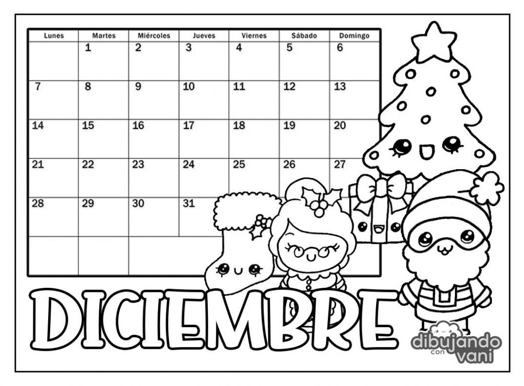 Diciembre 2020 para imprimir y colorear- Calendario - Dibujando con Vani