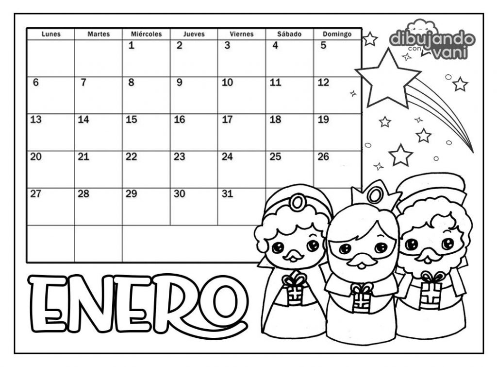 Enero 2020 para imprimir y colorear- Calendario - Dibujando con Vani