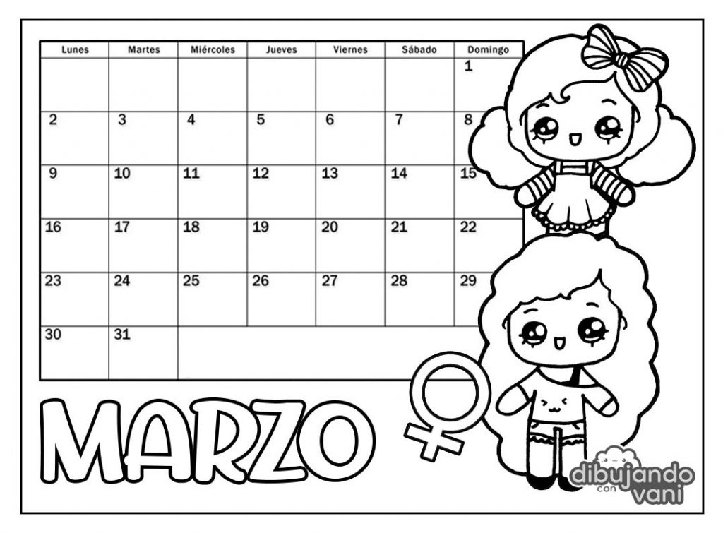 Marzo 2020 para imprimir - Calendario kawaii - Dibujando con Vani