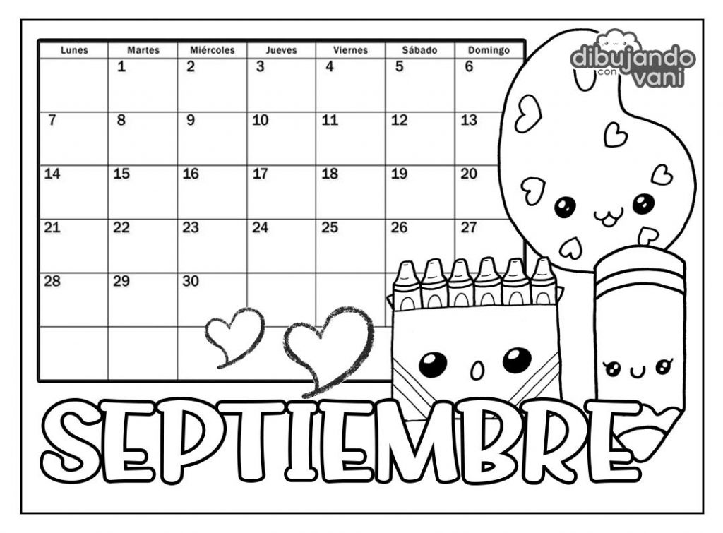 Septiembre 2020 para imprimir - Calendario kawaii - Dibujando con Vani