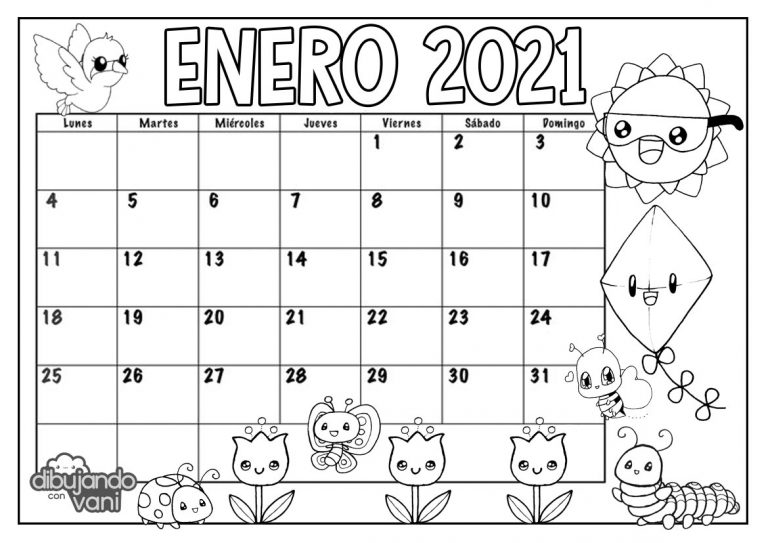Enero 2021 para imprimir y colorear- Calendario - Dibujando con Vani