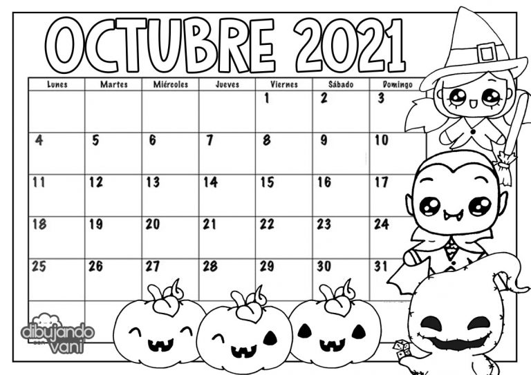 Octubre 2021 para imprimir y colorear- Calendario - Dibujando con Vani
