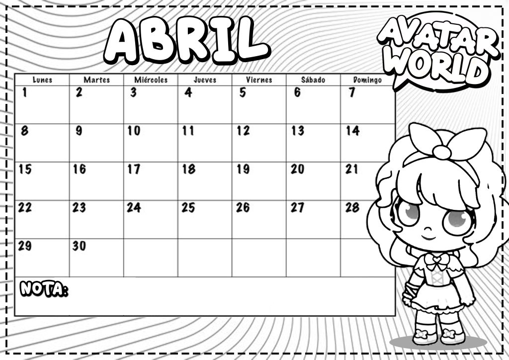 Abril 2024 para imprimir y colorear Calendario Dibujando con Vani