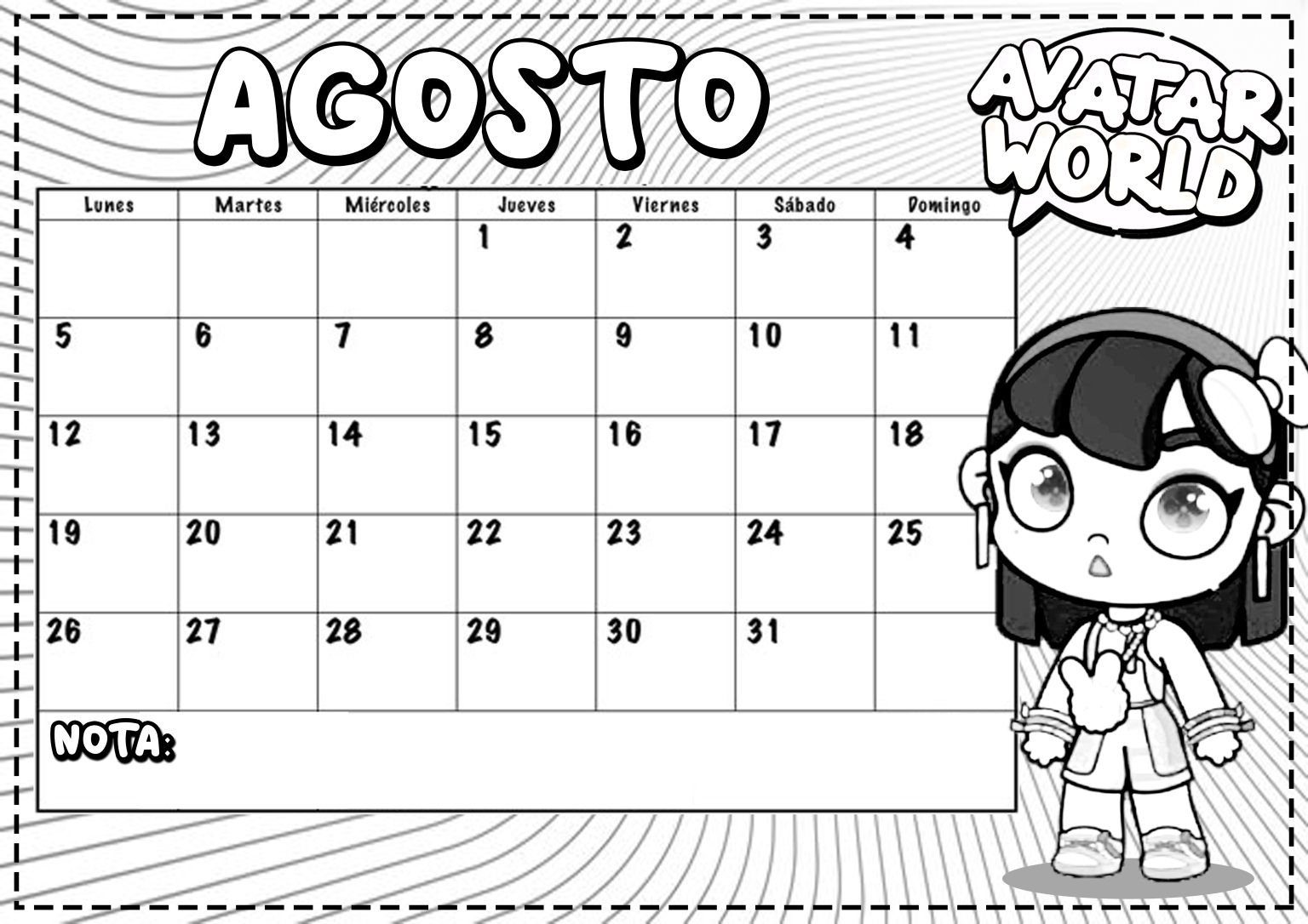 Agosto 2024 para imprimir y colorear Calendario Dibujando con Vani