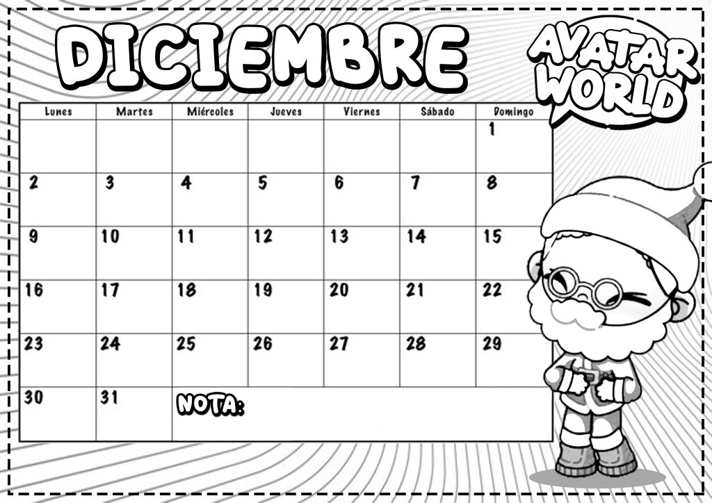 Diciembre 2024 para imprimir y colorear- Calendario - Dibujando con Vani