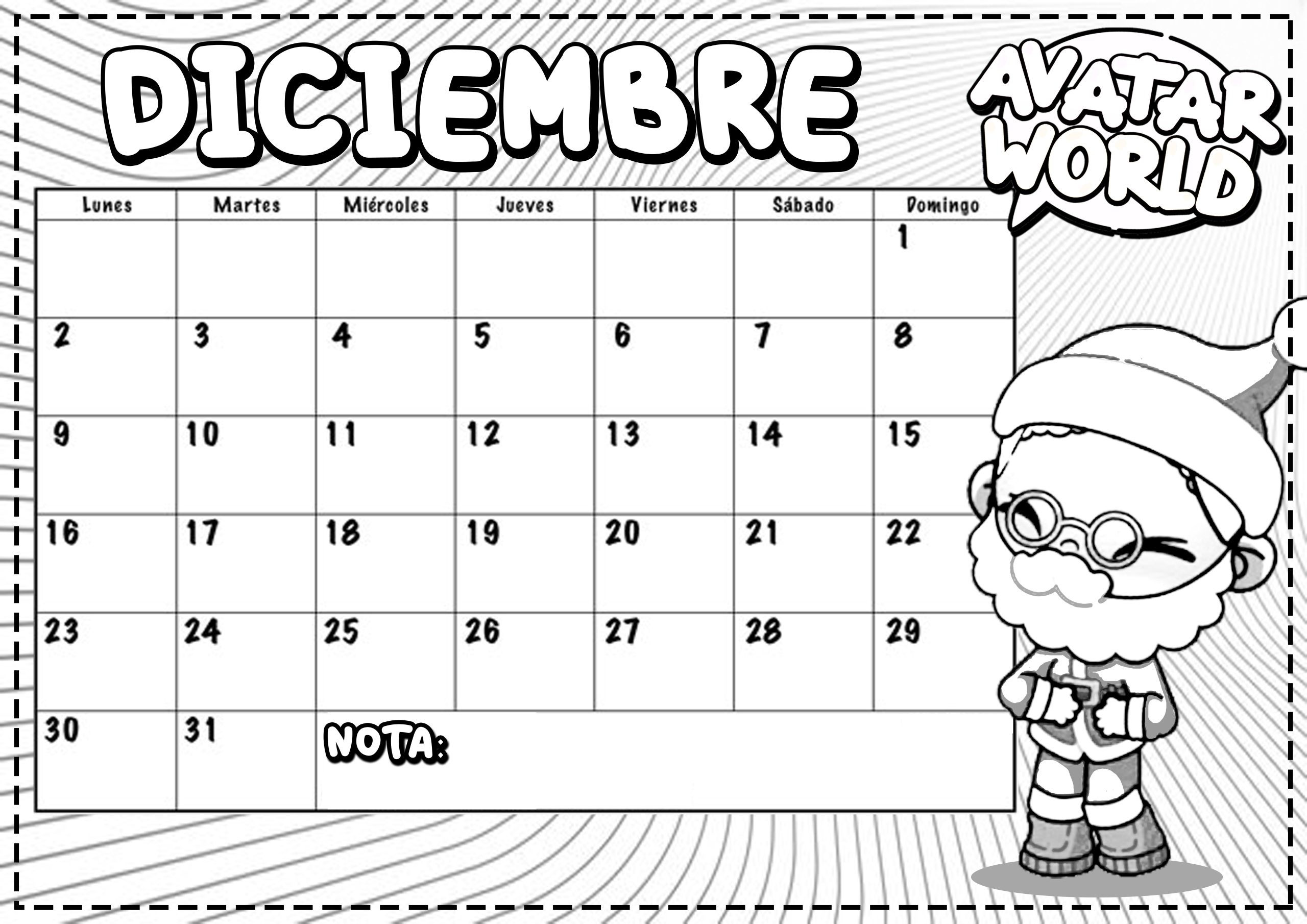 Diciembre 2024 para imprimir y colorear Calendario Dibujando con Vani