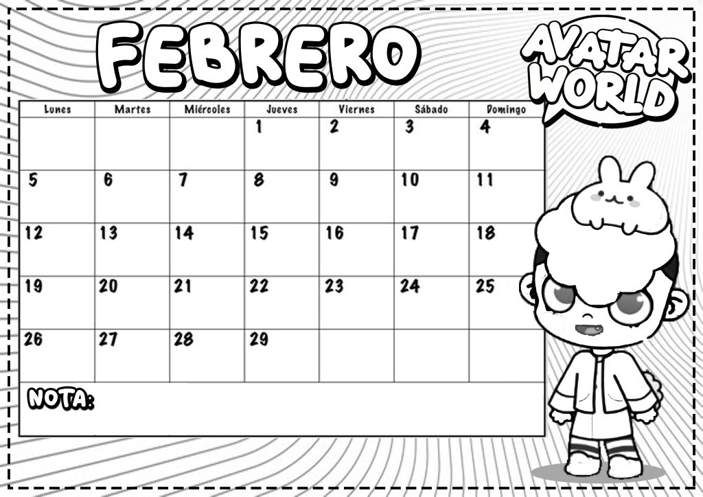 Febrero 2024 para imprimir y colorear Calendario Dibujando con Vani