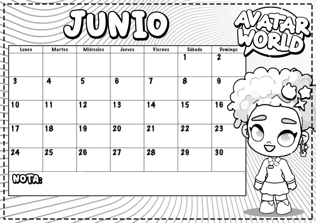 Junio 2024 para imprimir y colorear Calendario Dibujando con Vani