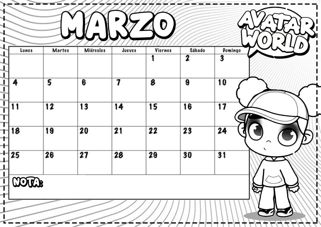 Marzo 2024 para imprimir y colorear Calendario Dibujando con Vani