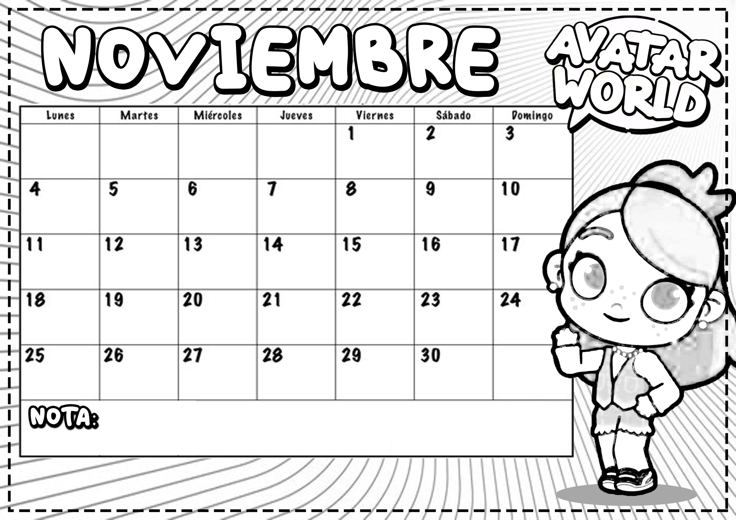 Noviembre 2024 para imprimir y colorear Calendario Dibujando con Vani