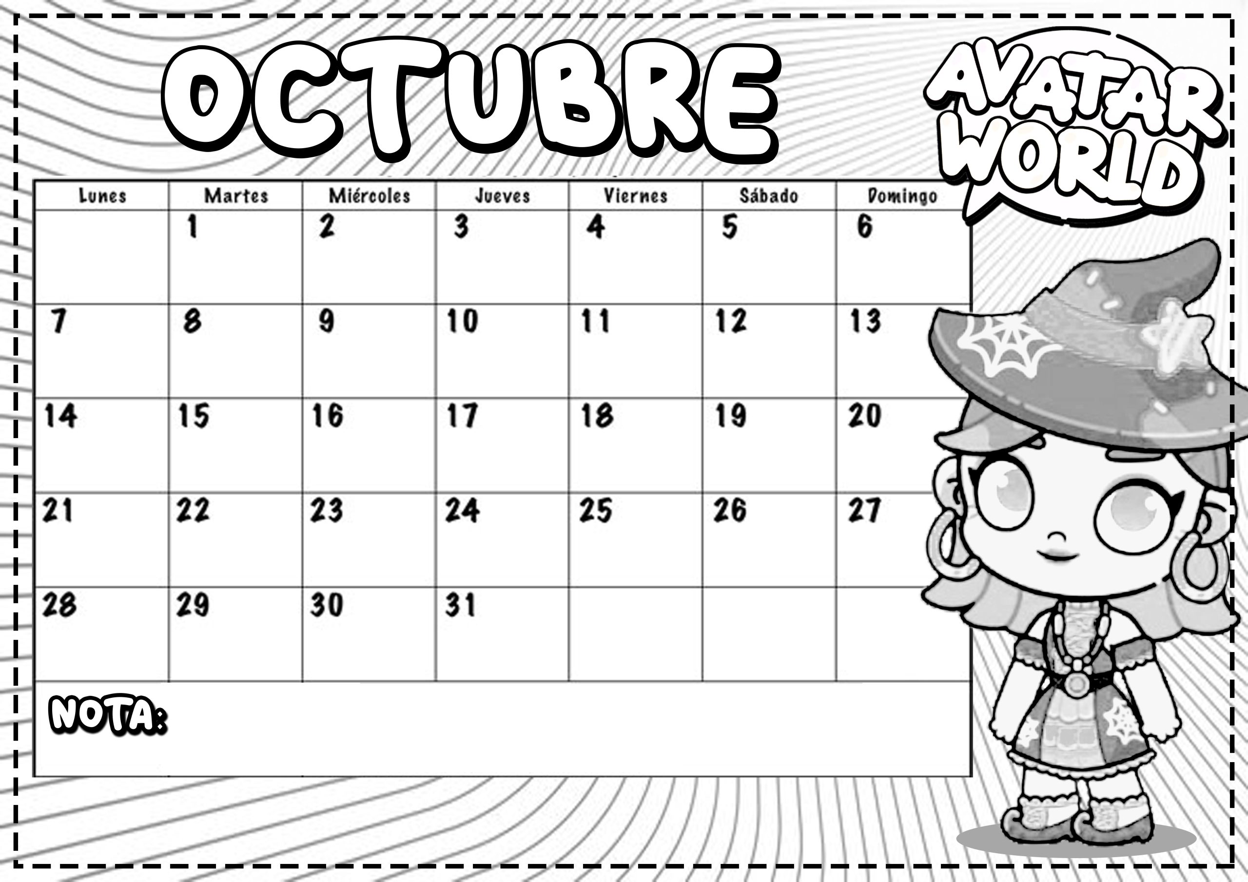 Octubre 2024 para imprimir y colorear Calendario Dibujando con Vani