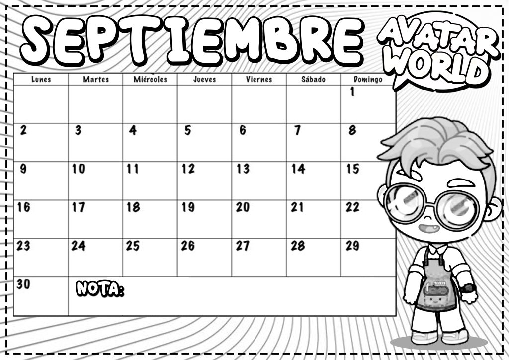 Septiembre 2024 para imprimir y colorear- Calendario - Dibujando con Vani