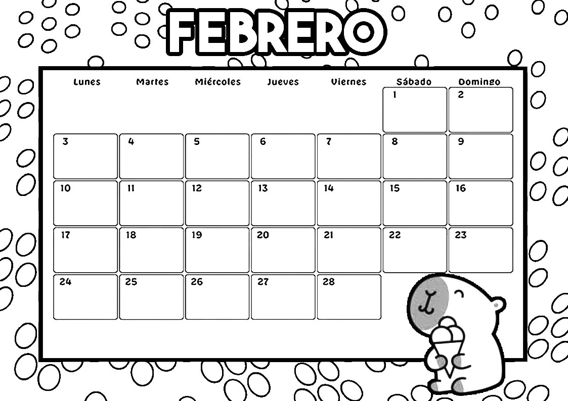 Febrero 2025 para imprimir y colorear Calendario Dibujando con Vani