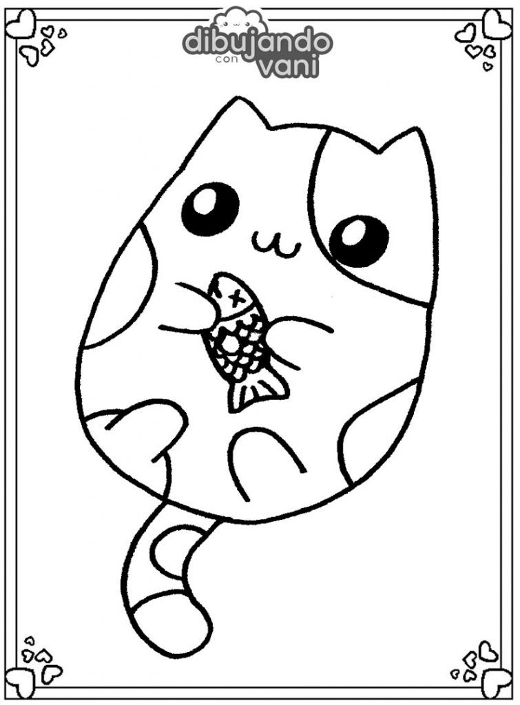  Dibujo de un gato con pescado kawaii para imprimir y colorear