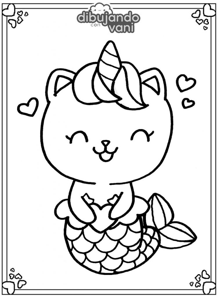 identificación Comedia de enredo Intensivo Dibujo de gato sirena unicornio kawaii para imprimir - Dibujando con Vani